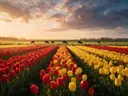 Landschapsfoto van tulp bij het gouden uur, met een paar koeien