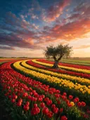 Landschapsfoto van tulp bij het gouden uur, met een oude olijfboom