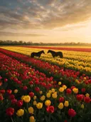Landschapsfoto van tulp bij het gouden uur, met twee paarden die elkaar aankijken