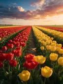 Landschapsfoto van tulp bij het gouden uur, met een bij tussen de bloemen