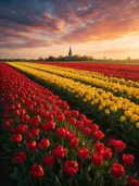 Landschapsfoto van tulp bij het gouden uur, met een kerktoren die boven de bomen uitsteekt