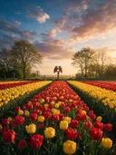 Landschapsfoto van tulp bij het gouden uur, met twee uilen op een paal