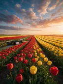Landschapsfoto van tulp bij het gouden uur, met een stenen bruggetje