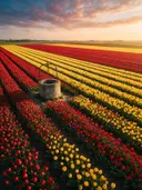 Landschapsfoto van tulp bij het gouden uur, met een oude waterput