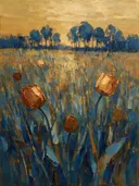 Schilderij van tulp in de weide in kopergloed, in vlakke kleurvlakken
