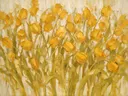 Schilderij van tulp in goudoker, in vlakke kleurvlakken