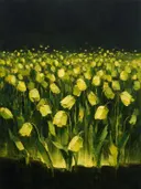 Schilderij van tulp in het landschap in citroen, in vlakke kleurvlakken
