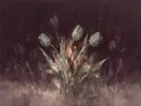 Schilderij van tulp in saliegrijs, in vlakke kleurvlakken