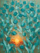 Schilderij van tulp in turkoois, in vlakke kleurvlakken