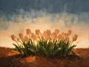 Schilderij van tulp onder de hemel in perzik, in vlakke kleurvlakken