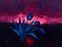 Schilderij van tulp onder een storm in kobaltmagenta, in vlakke kleurvlakken