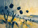 Schilderij van tulp op de helling in blauwgeel, in vlakke kleurvlakken