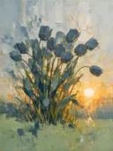 Schilderij van tulp tegen de lucht in leisteen, in vlakke kleurvlakken