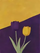 Schilderij van tulp van dichtbij in goudgeel en paars