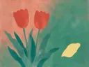 Schilderij van tulp van dichtbij in koraalrood en zeegroen, in vlakke kleurvlakken