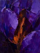 Schilderij van tulp van dichtbij in paarsoranje, in vlakke kleurvlakken