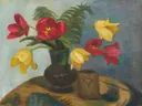 Tulpen, , 1937 van Otto Modersohn: bloemen met tulpen, vaas, tafel en rood, in rood en geel op groen