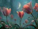 Tulpen bij de maansikkel, surrealisme schilderij