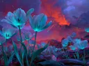 Schilderij van turquoise tulpen met een uitbarstende vulkaan op de achtergrond