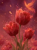 Schilderij van rode tulpen met een opstijgende feniks