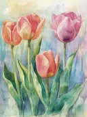 Aquarelschilderij van roze en paarse tulpen.