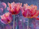 Schilderij van roze tulpen in een paarse kosmische nevel met zwevende bollen