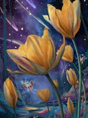 Schilderij van gouden tulpen met een sprookjesfiguurtje tegen een kosmische achtergrond