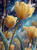 Tulpen met glinsteringen in de nacht, surrealisme schilderij