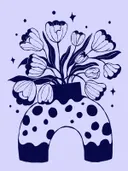 Illustratie van een boeket tulpen in een gestippelde vaas