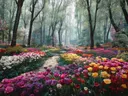 Schilderij van een pad met kleurrijke tulpen in een bos