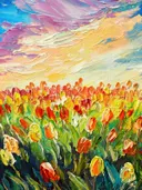 Schilderij van een bloeiend tulpenveld