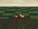 Akkerland in rijen in bordeaux en bosgroen, schilderij