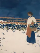 Schilderij van tulpenveld in kalkwit en zeeblauw