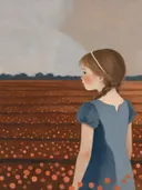 Schilderij van tulpenveld in kaneel en duifgrijs, in vlakke kleurvlakken