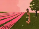 Tulpenveld in olijf en roze, schilderij van tulpenveld