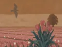Schilderij van tulpenveld in poederroze en bruin, in vlakke kleurvlakken