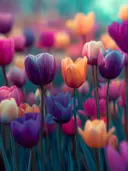 Schilderij van kleurrijke tulpen tegen een turquoise achtergrond