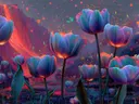 Schilderij van blauwe tulpen in de nacht met een vulkaan op de achtergrond