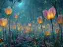 Schilderij van gloeiende tulpen in een nachtelijk veld met twee manen