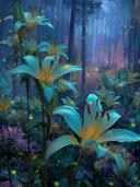 Schilderij van turquoise lelies in een lichtgevend bos