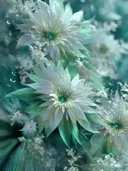 Schilderij van turquoise stervormige bloemen in een onderwaterachtige omgeving