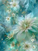 Schilderij van turquoise stervormige bloemen met vlinders in een betoverend bos