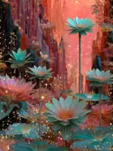 Schilderij van turquoise waterlelies in een kristallen vallei met roze rotsen