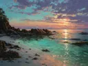 Schilderij van een turquoise baai met rotsen en een zonsondergang aan de horizon