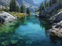 Turquoise beek tussen de rotsen, landschap schilderij