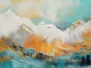 Turquoise berglandschap met goud, abstract schilderij