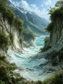 Schilderij van een turquoise bergrivier tussen groene rotskloven