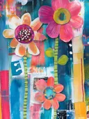 Oranje en magenta bloemen met kantpatroon-centrum op een turquoise achtergrond