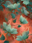Schilderij van turquoise bloemen met gouden details tegen een rode achtergrond
