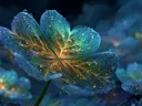 Schilderij van een turquoise bloem met dauwdruppels en gouden nerven.